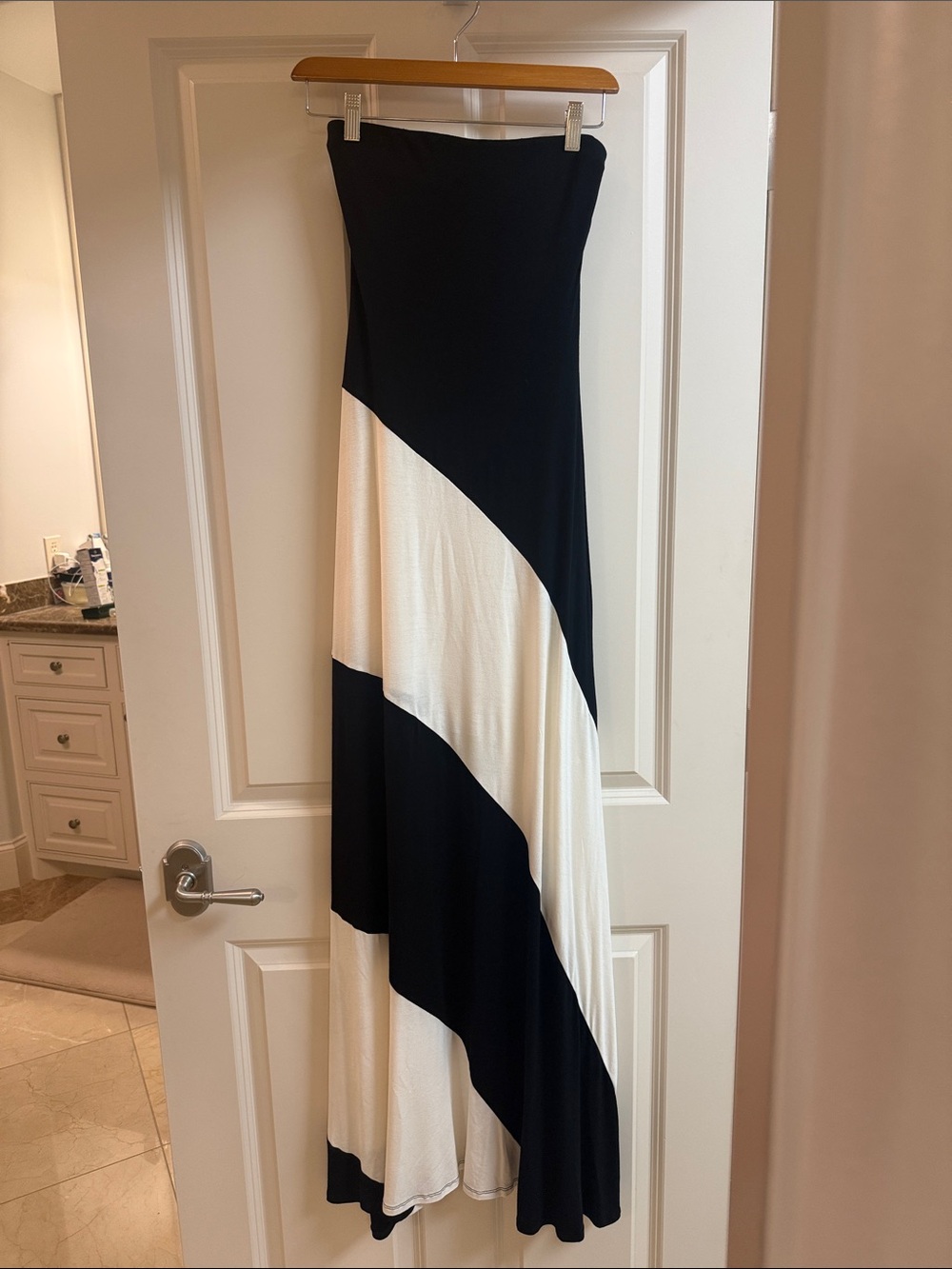 bebe Black and White Diagonal Stripe Strapless Maxi Dress